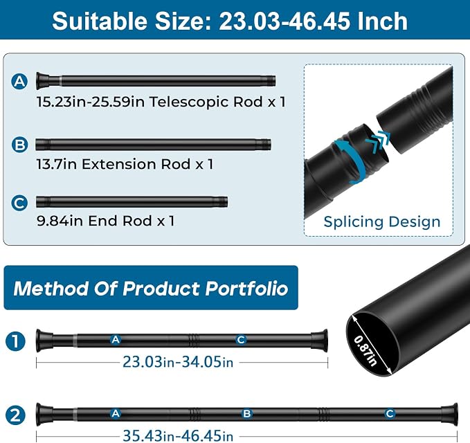 2Pcs Spring Tension Curtain Rod No Drilling 24-46 Inches Adjustable Spring Loaded Curtain Rod Suitable for Windows Bedrooms Bathrooms Wardrobes Doorways and Closets of Black Tension Rod