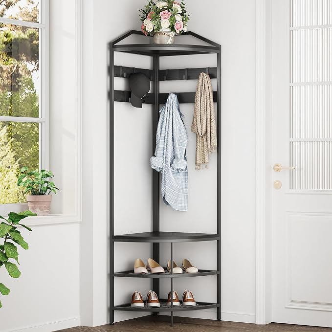 GiftGo Corner Hall Tree with Shoe Bench Entryway Coat Rack with 10 Metal Movable Hooks Freestanding Clothes Rack Shoes Shelf Organizer for Home Office Bedroom (Black)