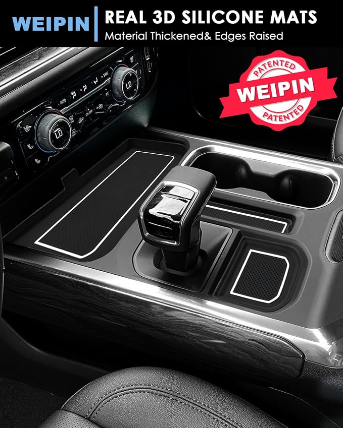 For 6PCS Refreshed Models 2022-2026 Silverado/Sierra 1500 & 2024-2026 Sierra 2500 3500 Console Liners-[3D High-Edge Liquid Silicone] Cup Holder Mats,Full Console w/Bucket Seats ONLY - White