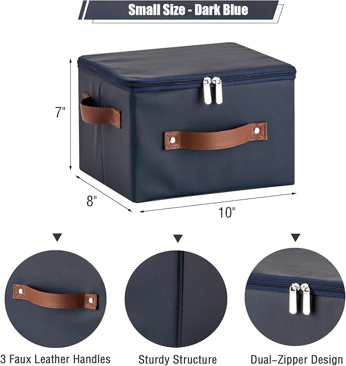 2PCS Storage Bins with Zipper Lid PU leather Storage Boxes Leather Fabric Collapsible Lidded Baskets Cube with Handle Decorative Shelves Closet Organizer Container(Dark Blue, Small Size)