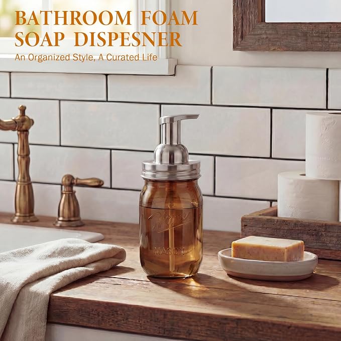 Amolliar Plastic Mason Jar Foaming Soap Dispenser Pump Lid, 16oz Foam Soap Dispenser with Cute Lables - Amber Refillable Hand Soap Dispenser for Bathroom Kitchen Shower (2 Pack, Silver)