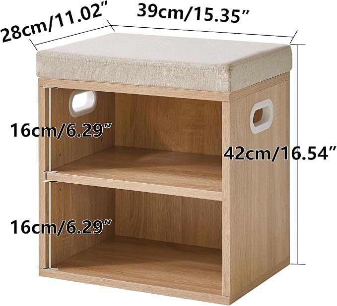 YMYNY Small Shoe Storage Bench with Cushion, Light Natural, HBD028R | 2 Tier Entryway Bench with Storage, Small Shoe Rack Bench with Adjustable Shelf for Entryway 11 x 15.3 x 16.5 Inches