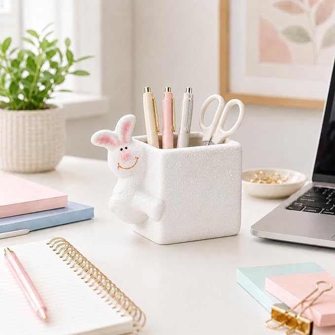 Ceramic Rabbit Shaped Pen Pencil Holder for Desk Decoration Accessories Rabbit Decor Makeup Brush Pen Cups Office School Ideal Gifts for Women, Mom or Birthdays