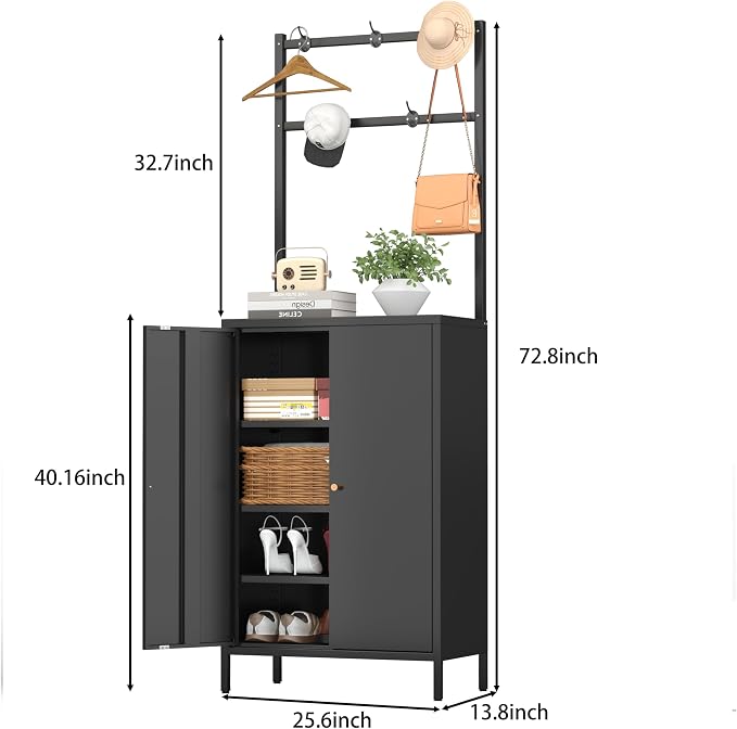 Tall Metal Shoe Cabinet with Coat Rack,Farmhouse Shoe Storage Cabinet with Doors,Hanging Bar,Hooks for Entryway, Hallway, and Living Room,2in1 Hall Tree with 3 Adjustable Shelves(Black)