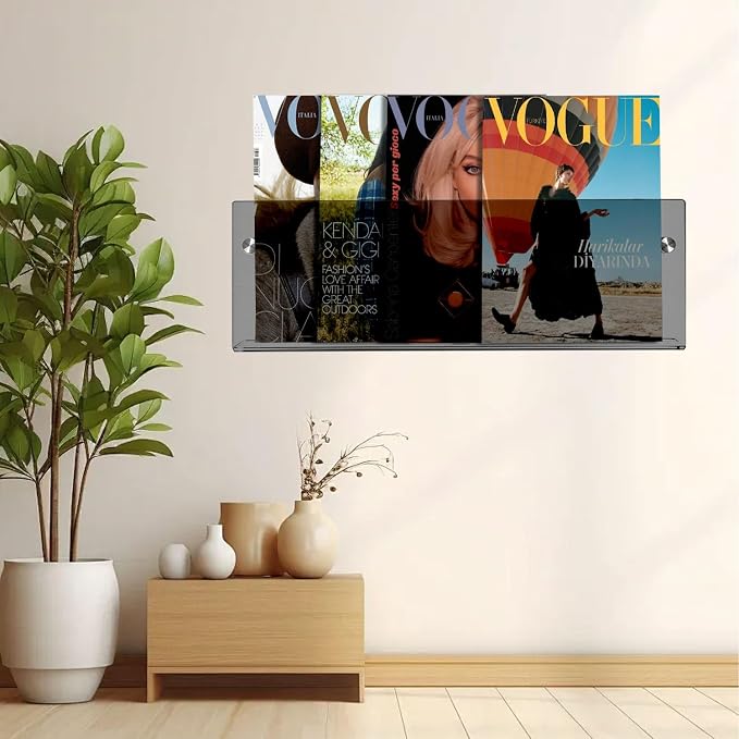 2-Pack Black Acrylic Magazine Holder Brochure Holder,17 Inch Hanging Magazine Rack with Hardware, Floating Bookshelf Brochure Display Organizer for Home, Office, Reception Area