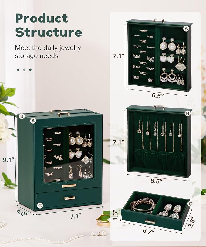 Homde Display Jewelry Box for Girls: Starter Organizer with Clear Window | Vertical Drawers for Earrings Rings Necklaces - Compact Footprint Fits Small Vanities - Birthday&Graduation Gift for Teens