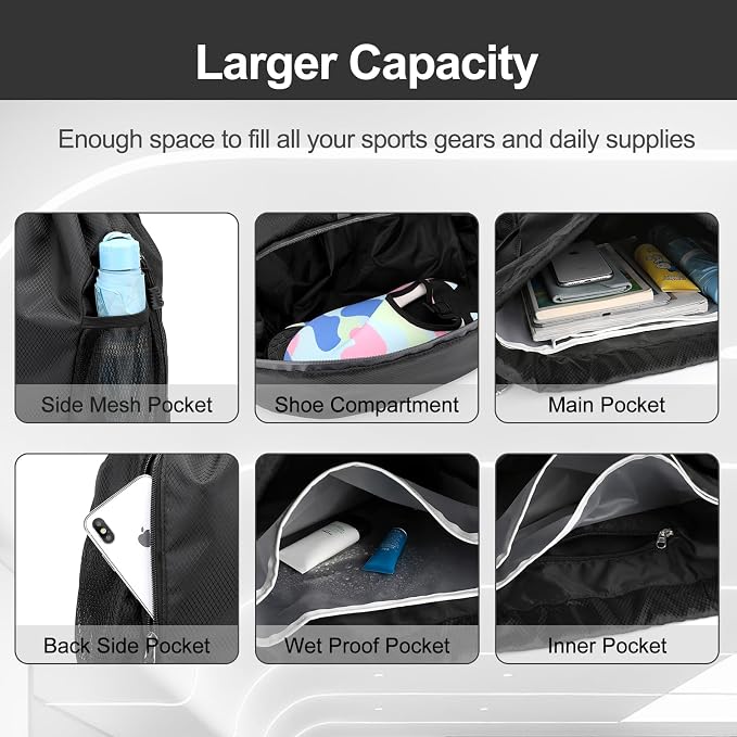Hoedia Sports Drawstring Backpack - String Swim Gym Bag with Shoes Compartment and Wet Proof Pocket for Women&Men, Black Gold