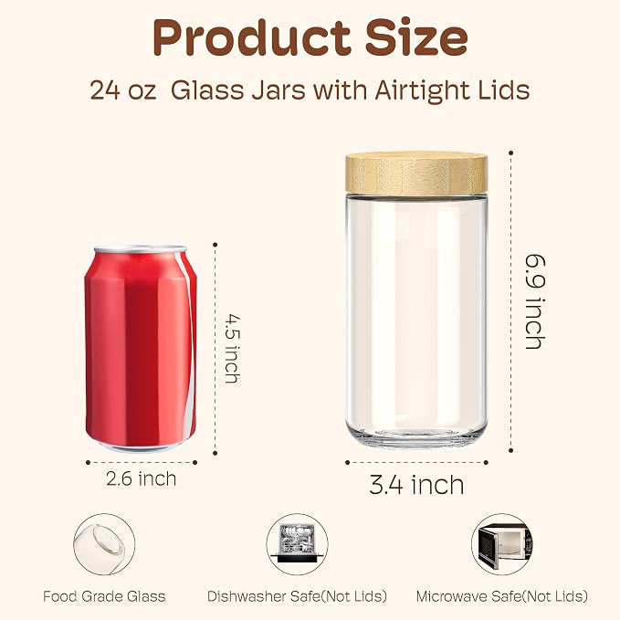 24 oz Glass Overnight Oats Containers, Mason Jars with Bamboo Lids, 2 Pack | Airtight Seal Keeps Leakproof, Wide Mouth for Easy Filling & Cleaning, Ideal for Chia Pudding, Yogurt Parfaits & Meal Prep