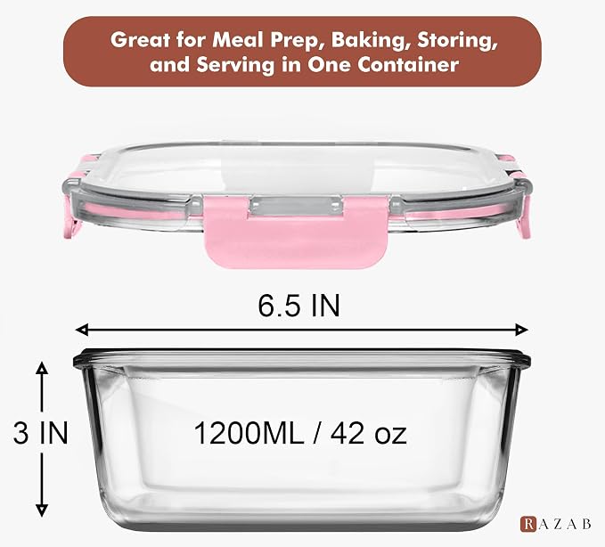 Razab 2 PC 1200ML / 41 Oz Glass Food Storage Containers with Lids - Airtight & Leakproof - Microwave/Oven/Freezer Safe - BPA Free - Ideal for Meal Prep, Storing Leftover & Lunch