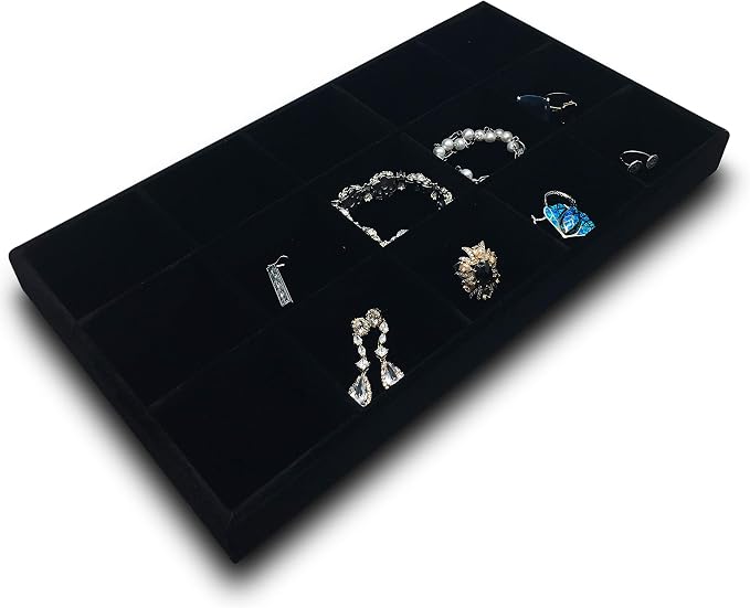 The Display Guys - Stackable Jewelry Tray and Organizer - for Drawers, Dressers, Store Display (15 Compartments, Black Velvet)
