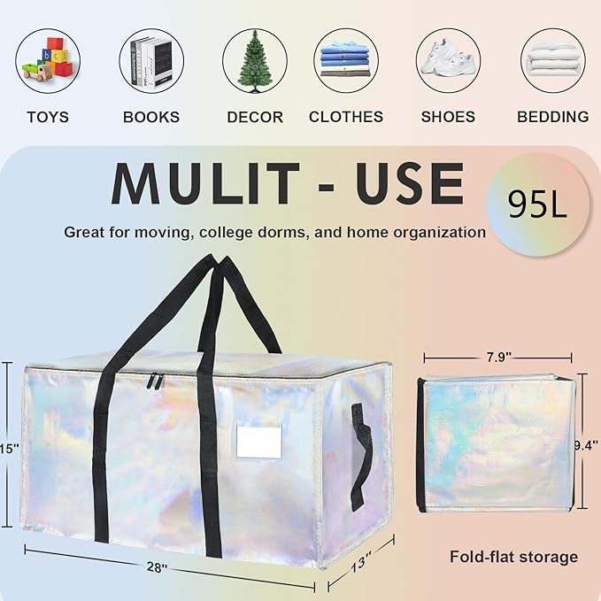 6 Pack-Extra Large Heavy Duty Moving Bags - Waterproof Storage Totes with Handles & Zippers, Foldable for College Dorm, Storage (Shiny Color)