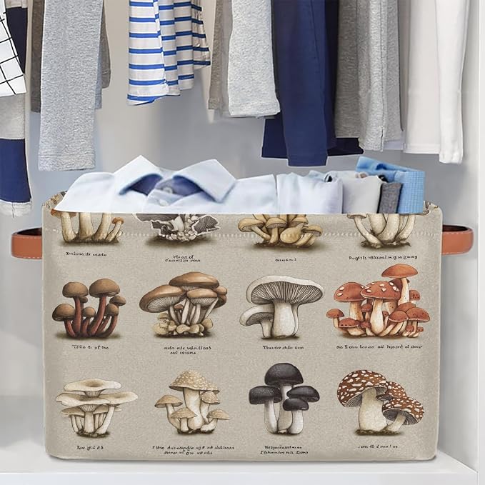Rectangular Storage Bins Colorful Mushroom Illustration Collapsible Fabric Storage Basket Organizer with Handles for Nursery Bedroom Bathroom