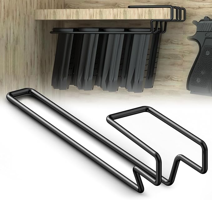 Under Gun Safe Shelf Magazine Holder, Universal Pistol Magazine Holder Fits Double-Stack or Magazines with Base Over 1.3”, 4LBS Load Capacity Pistol Magazine Rack, Gun Magazine Storage for Shelf