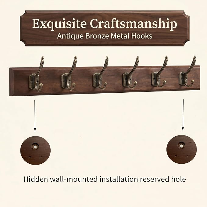 Wall Mounted Coat Rack with Solid Wood, 6 Bronze Metal Hooks – 23.22 Inch Rustic Brown Entryway Organizer for Hanging Coats, Hats, Jackets, Scarves, Bags, for Hallway, Bedroom, Bathroom（6Hooks）