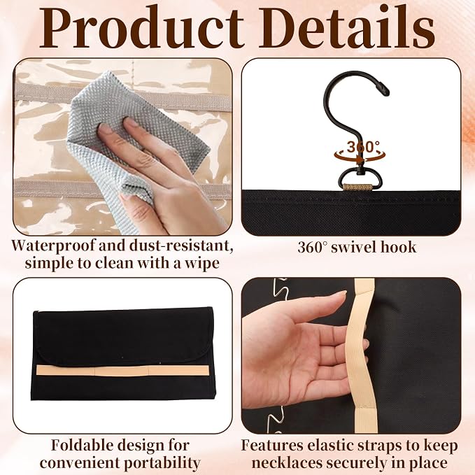 Double-Sided Hanging Jewelry Organizer 48 Pockets 21 Hooks Large Black Storage Bag Jewelry Organizer with Hanger for Closet Wall Door Tangle-Free Holder for Earrings Necklaces Rings Bracelets