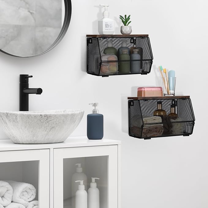 Teenyyou 2 Pcs Stackable Mesh Fruit Basket with Lid Wall Produce Vegetable Storage Basket Onion Potato Hanging Metal Wire Container for Kitchen Counter Pantry(Non-removable,Black,7.1" w & 11.8" l)