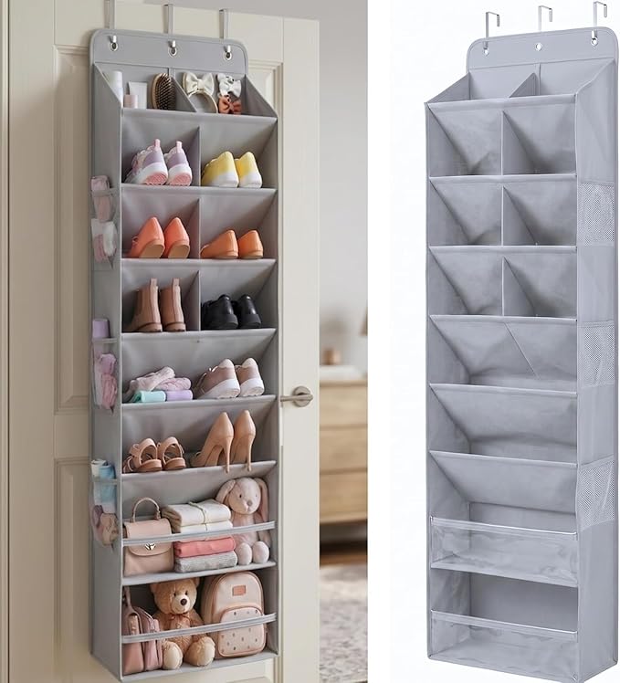 HOMELUX THEORY 8 Tier Hanging Shoe Organizer for Closet, Over the Door Shoe Organizer with Deep 120D Extra Thick Pockets, Shoe Rack for Closet & Entryway, with 6 Side Pockets for Boots (Light Gray)
