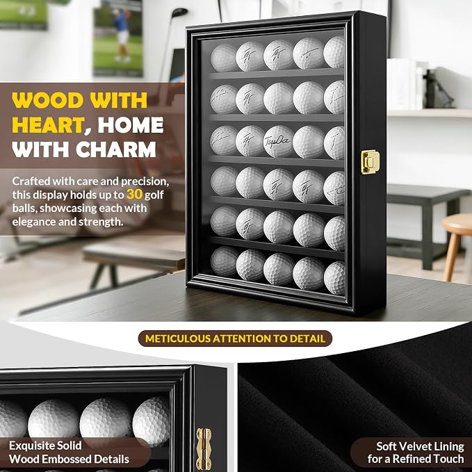 JupDec Golf Ball Display Case Frame for 30 Balls, Dustproof Solid Wood Holder Box with Unobstructed Clear View, Velvet Lined Cabinet with Removable Shelves, Ideal Gift for Golf Fans