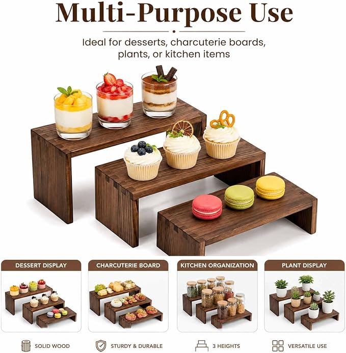 3-Tier Wooden Display Risers, Tiered Display Stand, Shelf Risers for Table Display, Small Wood Display Shelf (1, Cranberry)
