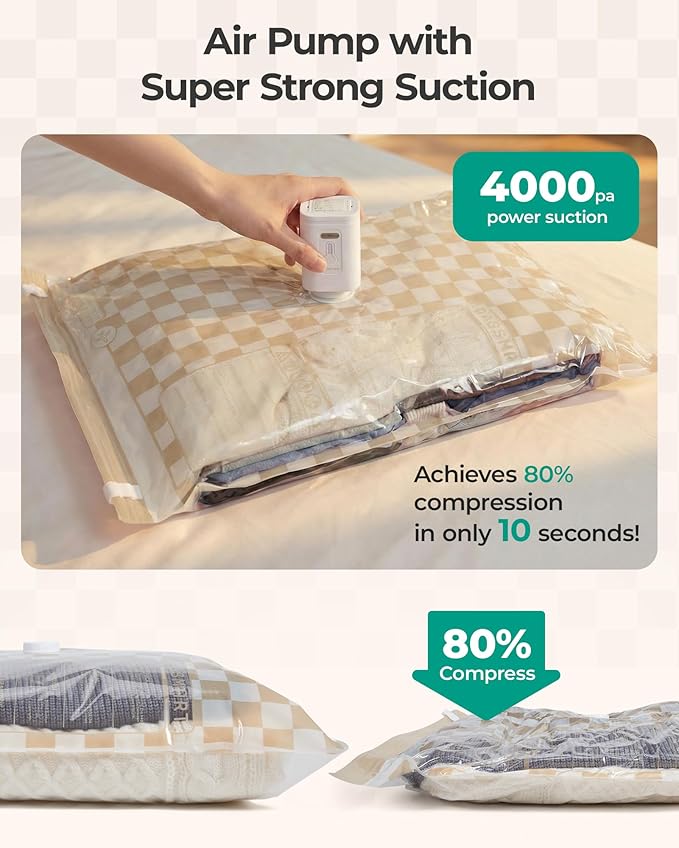 BAGSMART Travel Vacuum Seal Bags with Pump, Jumbo Vacuum Storage Bags for Clothes Blankets Comforters, Space Saver Bags for Travel, Compression Bags for Seasonal Storage-Khaki Checker