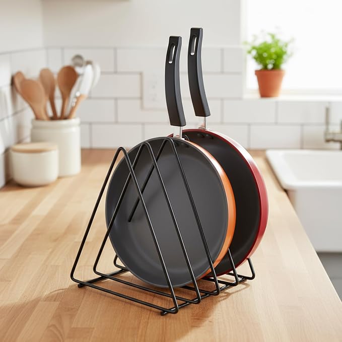Pots and Pans Organizer 4 Slot Pan Organizers inside Cabinet Cutting Board Holder Sheet Pan Organizer Adjustable Metal Rack for Kitchen Cabinet, Pantry and Countertop Space-Saving Storage