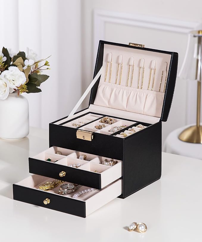 Homde Small Jewelry Box for Girls: 3-Layer Lockable Organizer(Black) | Removable Tray&Dividers for Flexible Storage - Sort Earrings&Rings&Necklaces for Beginners - Birthday Gift for Teens