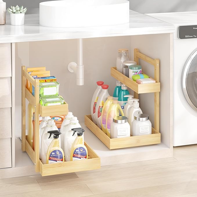 Under Sink Organizer - 2-Tier Pull Out Cabinet Organizer Vertical Slide Out Sink Shelf Storage Shelves for Multi-Purpose Bath Kitchen Bathroom Medicine (Nature, 2 Packs)