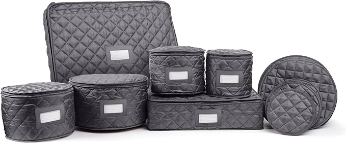 Covermates Keepsakes Dish Storage Set – Padded China & Dinnerware Storage Cases with Dividers, Cup & Stemware Storage, Quilted Polyester Protection, ID Window, Slate