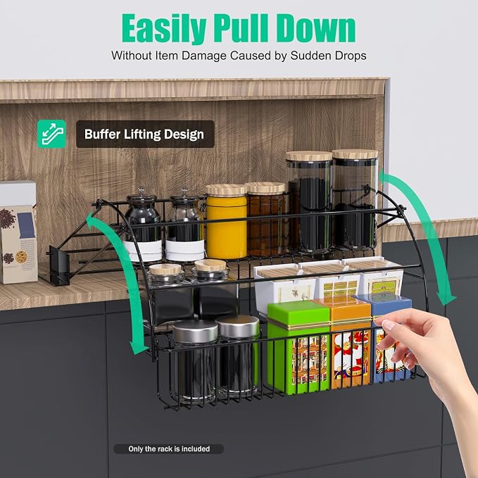Spice Rack Organizer, 3 Tier Retractable Pull Down Cabinet Mount, Space Saving Design, Rust Resistant Heavy Duty with Railing Stopper & Mounting Screws for Kitchen Cabinet Pantry Cupboard