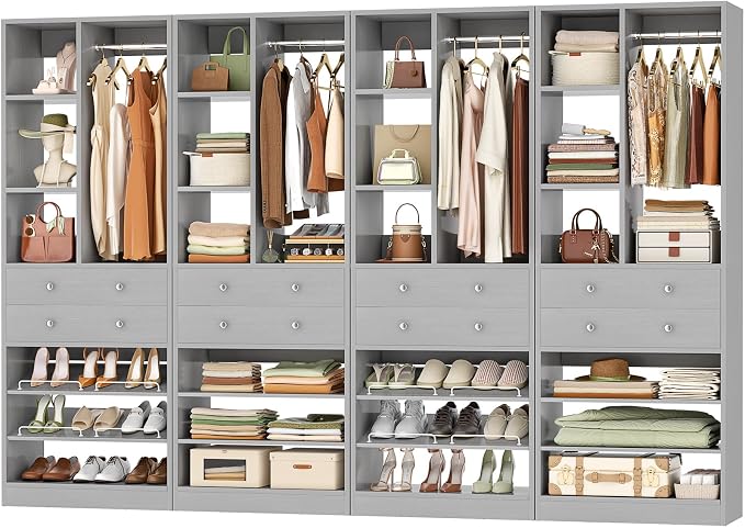 Besiost Closet System, 112"/9.3 FT Closet Organizer System with 8 Drawers and Shelves, Fit 120"/10FT Walk-in Closets Systems, Free Standing Reach in Closet Tower, Load 2400+LBS, Morandi Grey 4 Pack
