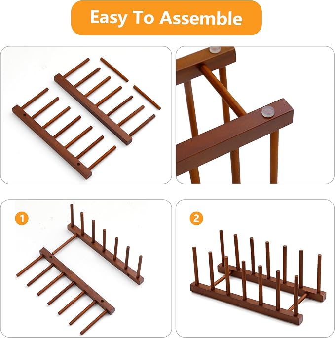 HBlife 4 Packs Teak Wooden Dish Drying Rack Kitchen Plate Organizer Holder | 6 Slots, Vertical Dish Racks for Cabinet Countertop & Wall, Plate Pot Lid Cutting Board Holder, Bowl Cup Drainer, Keep Dry