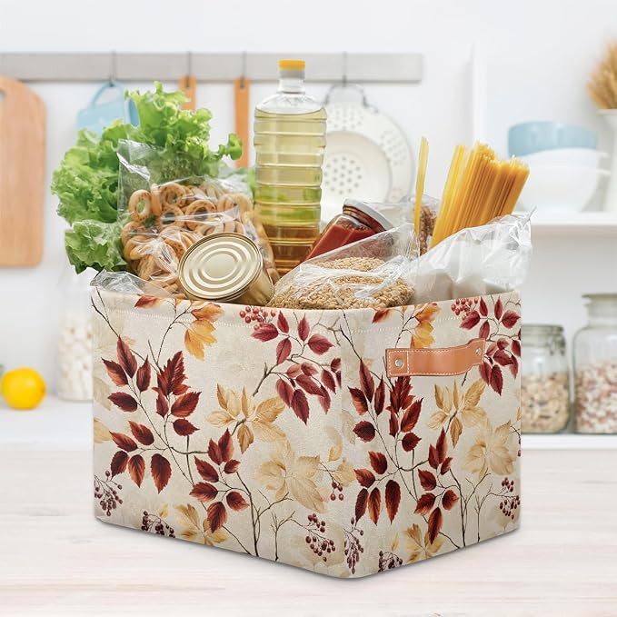 Rectangular Storage Baskets Autumn Leaves And Berries Fabric Storage Bin Toy Organizer Box with PU Leather Handles for Room Decor