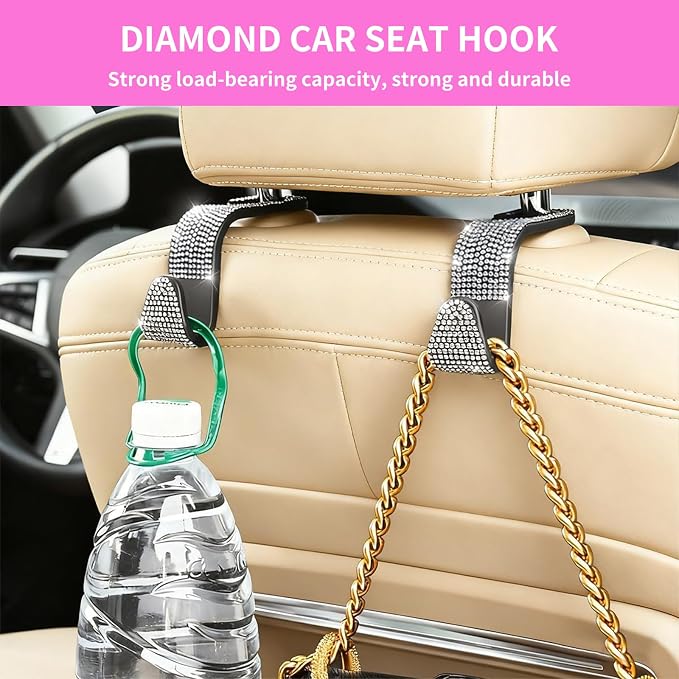 4PCS Bling Car Seat Headrest Hooks, Vehicle Back Seat Purse Handbag Hanging Holder with Crystal Rhinestone, Diamond Storage Organizer Hook,Bling Car Accessories for Women (Colorful)
