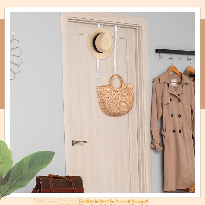 Tandefio 2 Pack 13.8" Over The Door Hook Hanger Comes with 6 Hooks from Large to Small Metal Extra Long Over The Door Hooks Hanger for Hats Rack Coat Scarf Purse Bags Scarf Keys and More (White)