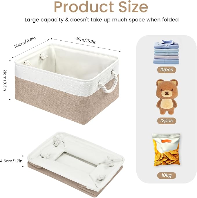 Large Storage Baskets- 15.7x11.8x8.26 inch Storage Bins for Shelves and Closet Organizing, Foldable Fabric Bin for Home Organization Clothes and Laundry (3-Pack, White&Khaki)