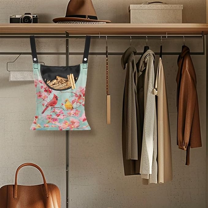 Bird Cherry Blossom Large Capacity 14.5 x 12 Inch Clothespin Bag with Hanging Hook Waterproof Clothes Pin Hanging Bag Clothespin Storage Organizer with Large Opening