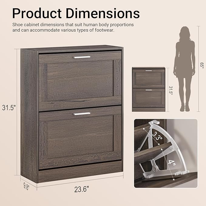 Haotian Shoe Cabinet Storage for Entryway | Narrow Shoe Cabinet with Two Flip Drawers to Save Space, Shoe Rack Cabinet for Front Door Entrance Hallway (Brown)