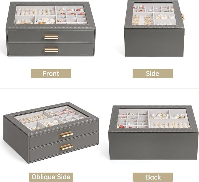 AKOZLIN Jewelry Box with Clear Lid Functional Leather Jewelry Storage Organizer Case 2 Drawers for Women Girls Necklace Ring Bracelet Earring