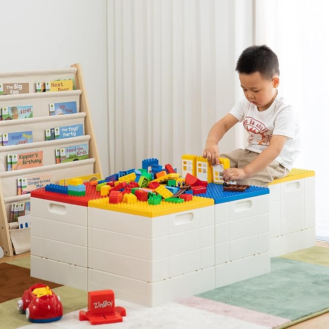 SHIMOYAMA Folding Storage Box with Building Lid for Duplo Blocks, 26 Qt. Foldable Toy Container, 25L Collapsible Storage Bin with Building Baseplate for Lego Bricks, Blue