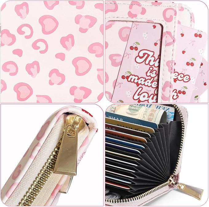 Sunwel Fashion Credit Card Holder for Women Small Accordion Card Cases with ID Window (PINKLEOPARD)