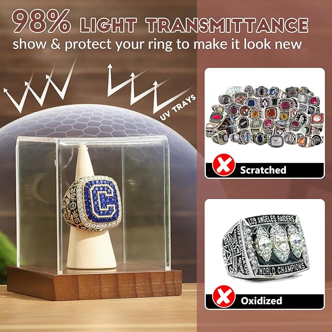 JupDec Championship Ring Display Case 2 Pack, Clear Acrylic Single Ring Holder with Wood Stand Base for Sports Basketball Baseball Fan Souvenirs Military, UV Protection