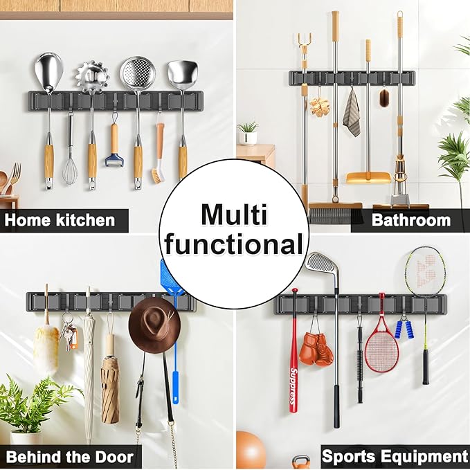 Broom Holder Wall Mount, Mop and Broom Hanger Wall Mount for Organizing and Storing Items in Household Kitchens, Gardens, Laundries (4 Racks & 3 Hooks, Grey)