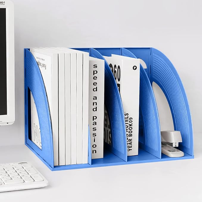 SAYEEC Sturdy Magazine Holder Plastic 4 Compartment Desk File Organizer Vertical Documet A4 File Divider Paper Storage Magazine Rack for Office Home School Organizer Box(Bule)