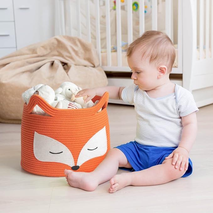 Fox Decor Basket, Large Toy Basket for Living Room, 15.7" x 11.8" | Nursery Basket for Baby Clothes, Toys, Laundry, Blanket, Cute Animal Storage Box