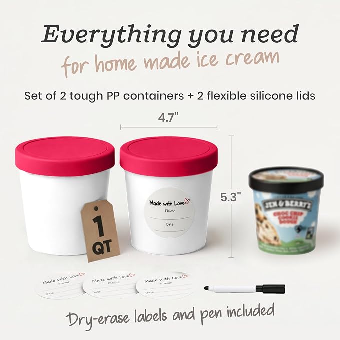 StarPack Freeze The Day Homemade Ice Cream Containers (2-Pack, 1 Quart) - Airtight Silicone Lids, BPA-Free Reusable Freezer Tubs with Dry Erase Pen and Labels - Stackable, Red and White