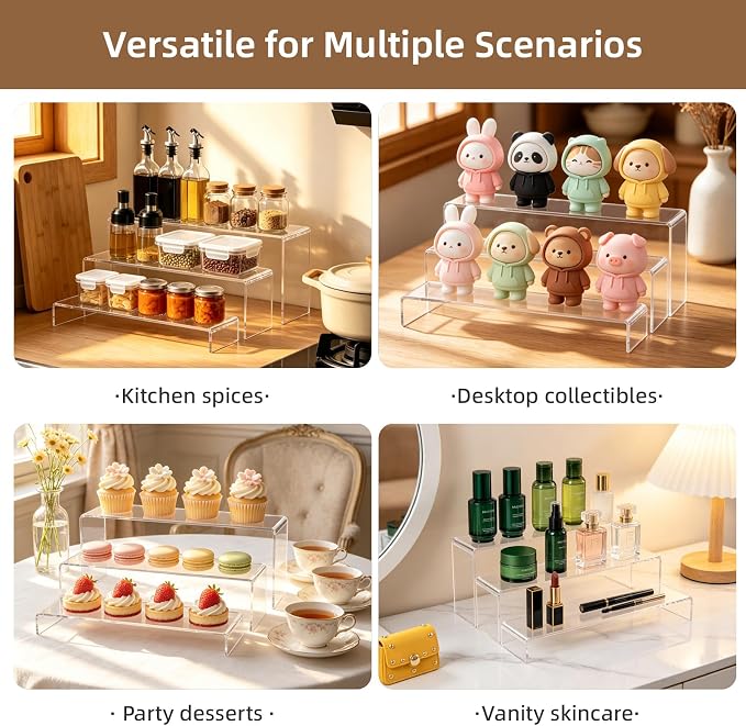 3 Tier Clear Acrylic Display Shelf Organizer, Pantry Can Rack for Food and Drinks, Tiered Stand for Perfume, Cupcakes, Cookies, Party Food, Figurines and Collectibles