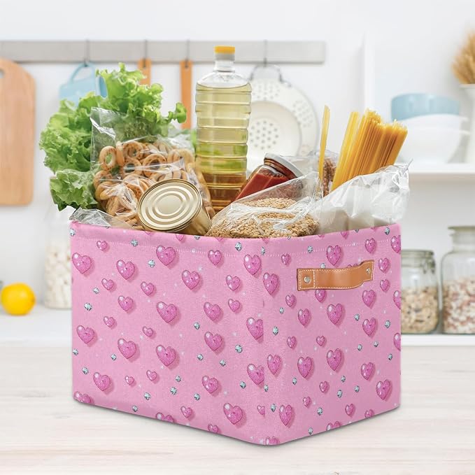 Cube Storage Bins for Shelves, Glitter Pink Hearts And Diamond Collapsible Fabric Toys Storage Basket Box with Handles for Home Office Bedroom Closet