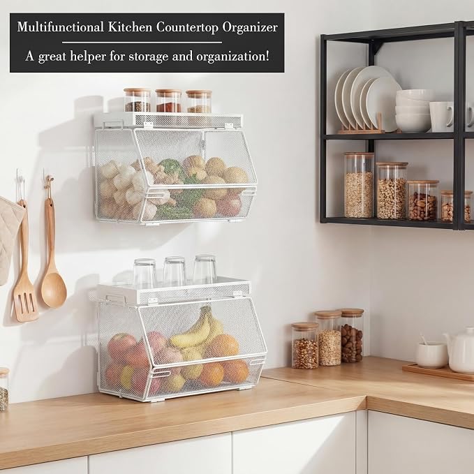 Teenyyou 2 Pcs Stackable Mesh Fruit Basket with Lid Wall Produce Vegetable Storage Basket Onion Potato Hanging Metal Wire Container for Kitchen Counter Pantry (Removable,White,7.1" w & 11.8" l)
