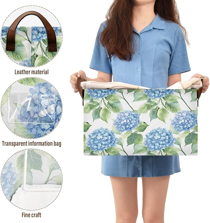 Watercolor Blue Hydrangea Flowers Storage Bins for Shelves with Labels&Handles Fabric Organizer Bin Foldable Rectangle Storage Basket Boxes for Closet, Bathroom, Home, Living Room, 2 Pack