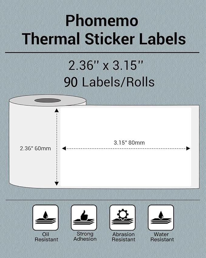 Phomemo Thermal Sticker Labels- 2.36"x 3.15"(60x80mm) Thermal Label for M221/M220/M250/M260, for Barcode/Address/Mailing/Logo/Business/Home Tag, 1 Roll, 90 PCS